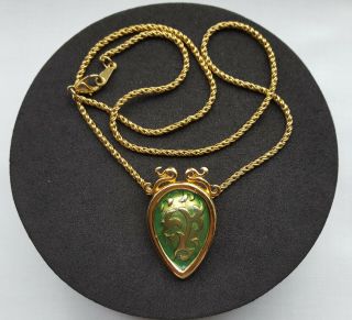 Vintage Green Enamel & Gold Tone Pendant On 18 " Necklace Chain,  Vgc