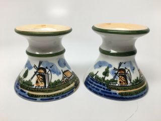Vintage Delfts Holland Agro - Set Of 2 Hand Painted Candle Sticks - Windmills