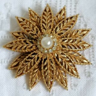 Vintage Sphinx Flower Faux Pearl Crystal Gold Tone Filigree Signed 60s Brooch