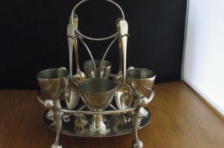 Vintage Silver Plated 4 Egg Cups And Spoons Footed Holder