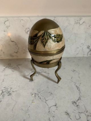 Vintage Cloisonne Enamel Brass Collectable Egg Trinket Box With Stand Floral