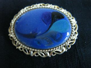 Vintage Gold Tone Blue Art Glass Pin Brooch