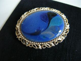 Vintage Gold Tone Blue Art Glass Pin Brooch 2