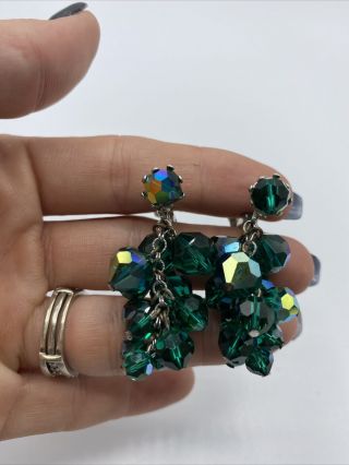 Vintage Green Ab Crystal Bead Dangle Clip Back Earrings Ae99