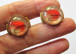Vintage Cuff Links Red Tied Fly Fishing Lure 7/8 " X 3/4 " Signed Woolno