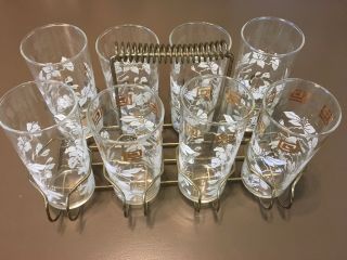 Vtg Set Of 8 Retro Glass Tumblers In Wire Rack White Flower Gold Geometric Vgc