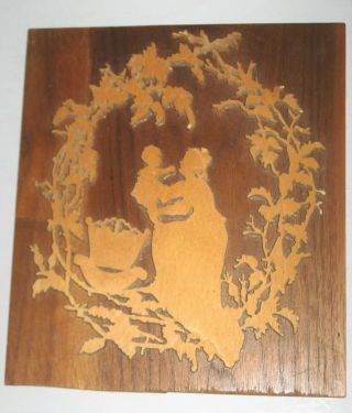 Mother & Child Wood Cut Out On Plaque Putting Baby In Bassinet