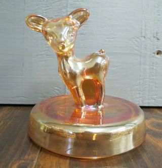 Vintage Amber Depression Glass Cover Deer Bambi Lid Candy Jewelry Dish