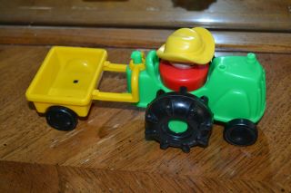 Vintage Fisher Price Green Farm Tractor With Trailer And Chunky Farmer.