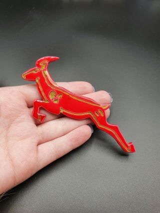 Vintage Huge Red And Gold Plastic Christmas Stag Brooch 2