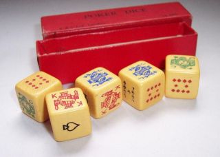 Vintage Set Butterscotch Catalin Bakelite Poker Dice In Card Box - K&c