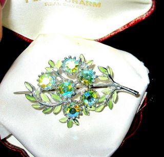 Vintage silvertone green enamal aurora borealis rhinestone floral brooch 2
