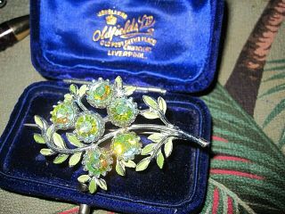 Vintage silvertone green enamal aurora borealis rhinestone floral brooch 3