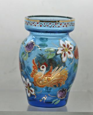 Great Vintage Ornately Hand Painted Venetian Blue Glass Vase C1950s Signed