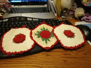 Vintage Strawberry Pot Holders Set Of 3 1970s Croched