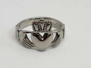 Vtg Signed T.  J.  H.  Stainless Steel Ireland Irish Cetic Claddagh Heart Ring Sz8.  25