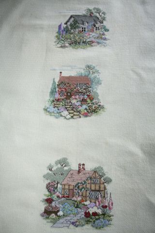 Vintage Finished 3 English Cottages Counted Cross Stitch 11 " X 12 " & 8 " X 16