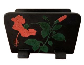 Vintage Black Wood Lacquer Napkin/letter Holder Floral Carved Inlay