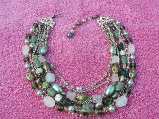Vintage Signed Japan Beaded Necklace Multi Strand Green Beads Chains Gold Tone