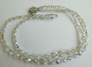 Vintage Art Deco Aurora Borealis Crystal Double Strand Necklace Crystal Clasp