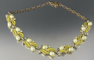 Vintage 50’s Yellow Enamel & Crystal Glass Rhinestone Bead Bib Necklace Star