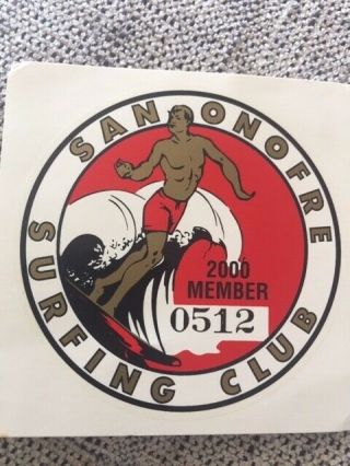 San Onofre Surfing Club Year 2000 Member Decal Vintage Sano Surf Item