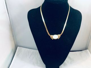 Vtg.  Monet White Oval Cabochon & Gold Tone Serpentine Chain Necklace