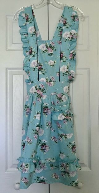 Vintage Blue Floral Print Ruffled Full Apron,  Size Small