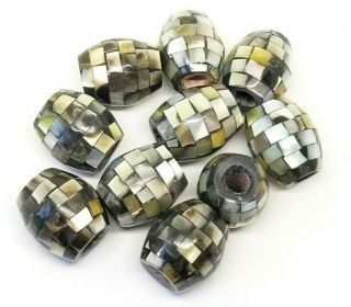 20mm Mother Of Pearl And Black Mosaic Vintage Barrel Beads Handmade - 10pk