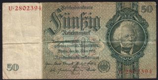 1933 50 Reichsmark Germany Vintage Nazi Money Banknote Third Reich Currency F