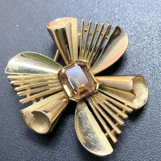 Trifari Signed Vintage Brooch Pin 2” Flower Amber Crystal Rhinestone Lot4