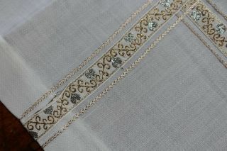 Vintage Snowy White Linen Tablecloth W Sparkly Embroidery 40x40
