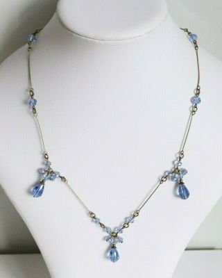 Vintage Art Deco Style Cornflower Blue Beaded Glass Pendant Necklace