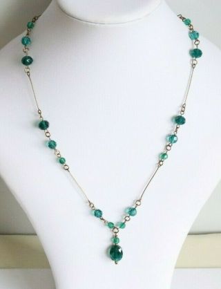 Vintage Czech Art Deco Style Green Glass Pendant Beaded Wired Necklace 2