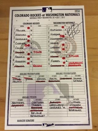 Bryce Harper Signed 2012 Nationals Game Rookie Line Up Card - Mlb Certified