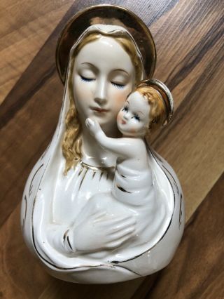 Vintage Blessed Mother Mary Madonna Baby Jesus Head Vase Planter