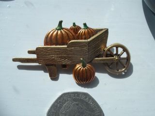 Vintage Signed Jj Brooch Pumpkins/wheelbarrow Lovely Detailed