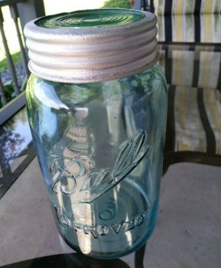 Vintage Ball Improved Canning Fruit Jar 6 - 1 Quart - Blue Glass Lid W/metal Rim