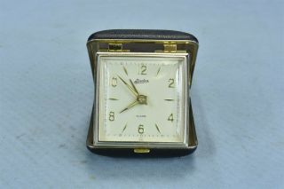 Vintage Linden Windup Travel Alarm Clock Black Leather Case Foldup Japan 09003