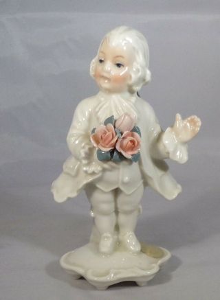 Vintage German Porcelain Figurine Man Holding Roses Sticker 4.  75 " Tall