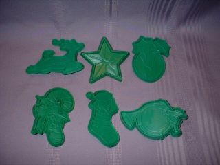 Vtg Set Of 6 Green Plastic Christmas Cookie Cutters Stocking Horn Cane,  Vgc