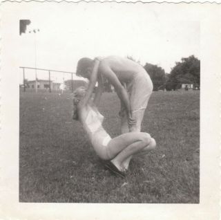 2 Vintage Photos Man Woman Swim Trunks Swimsuit Woman Arms Around Man Neck 1948