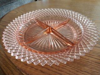 Vintage Pink Depression Glass 8 3/4 " Divided 4 Section Round Relish Dish