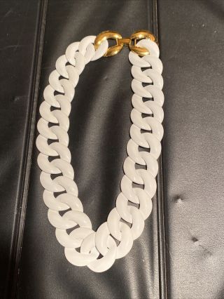 Vtg.  Monet White Enamel & Gold Tone Chain Link Necklace