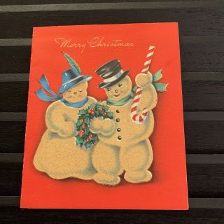 Vintage Greeting Card Christmas Glitter Snowman Couple Candy Cane Hats