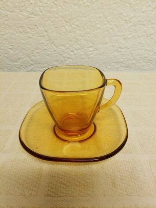 Vintage Vereco France Amber Glass Cup And Saucer Set