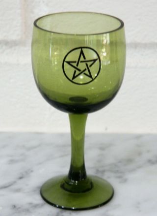 Wicca Pagan Altar Goblet Pentacle Goddess Goblet Chalice Glass Sasaki Glass Vtg