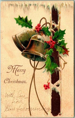 Vintage Merry Christmas Embossed Postcard Gold Bells / Holly Leaves 1907 Cancel