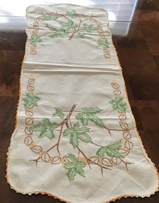 Vintage Cotton Embroidered Table Runner Or Dresser Scarf,  Autumn Design