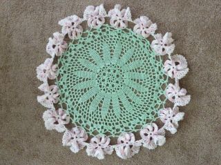Vtg Handmade Green/pink/white Floral Crochet Doily 23 - 24 " Round
